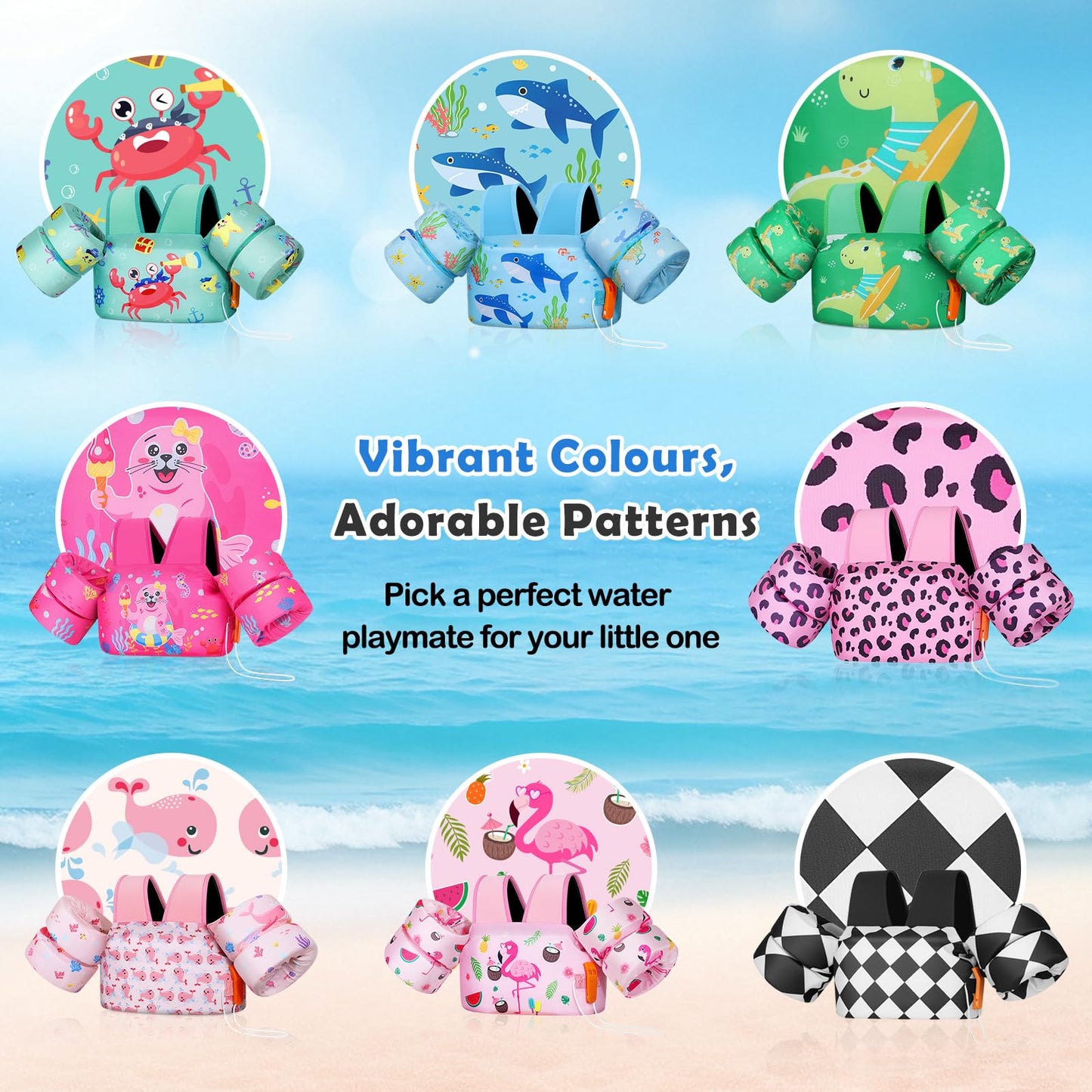 MoKo Toddler Swim Vest for Kids, Swim Arm Floaties 22-66lbs Cartoon Swimming Water Wings Pool Float Vests Sleeves Shoulder Straps Arm Band for Children Learn to Swim, Black Rhombus