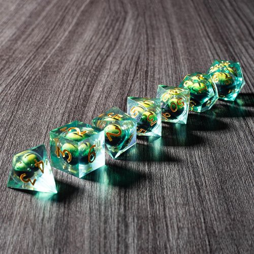 Premium Resin DND Dice Set - Liquid Core and Dragon Eyes - 7 Piece Sharp Edge RPG Game Accessories Including D4 D6 D8 D10 D% D12 D20 in Black Metal Box for Dungeon Masters and Starters