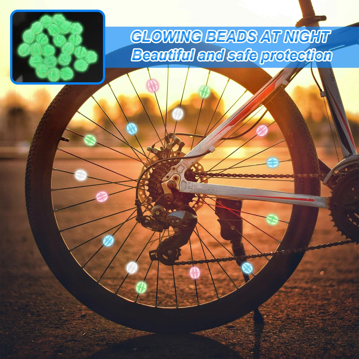 JIYIN 144 Pcs Bike Spoke Beads Glow in The Dark, Colorful Plastic Luminous Bicycle Wheel Spokes Clip Beads, Round Bicycle Wheel Spokes Luminous Plastic Bead Noise Making Decorations