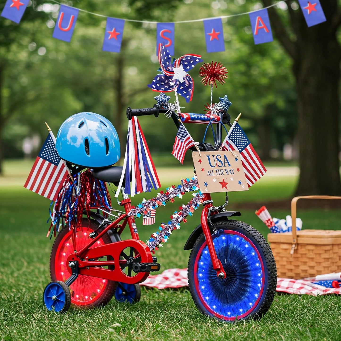 17pcs 4th of July Bike Decorations Patriotic Bicycle Decor Set Bike Wheel Lights LED Star String Light Tinsel Garland Streamer USA Flags Banner Independence Day Kids Bike Parade Red White Blue