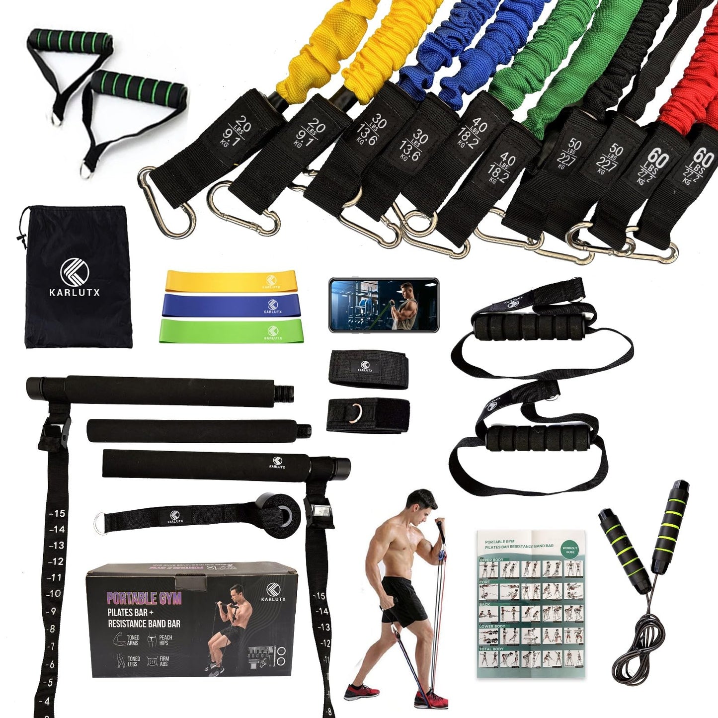 KARLUTX Pilates Bar Kit with Resistance Bands (10 Units) | Portable Home Gym | Booty Bands, Jump Rope & Full-Body Workout Equipment | Dedicated Video Channel