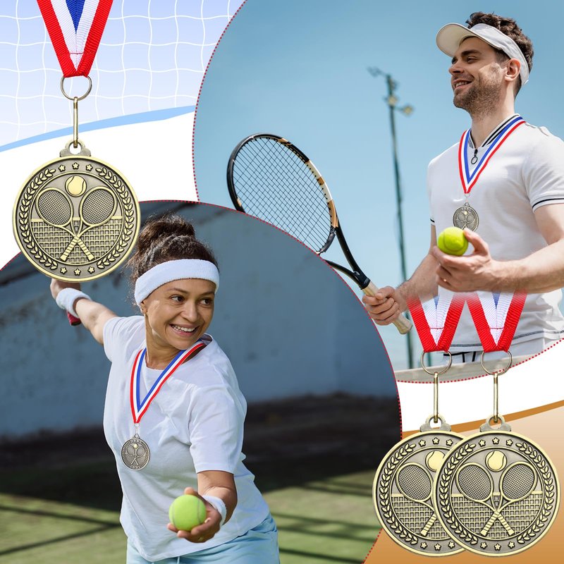 Remuuly 12 Pcs 2'' Gold Award Medals with Neck Ribbons Metal Champion Trophy Medal for Baseball Softball Soccer Volleyball Football Sports Games Events Party Prize Player Team Winner Gift(Tennis)