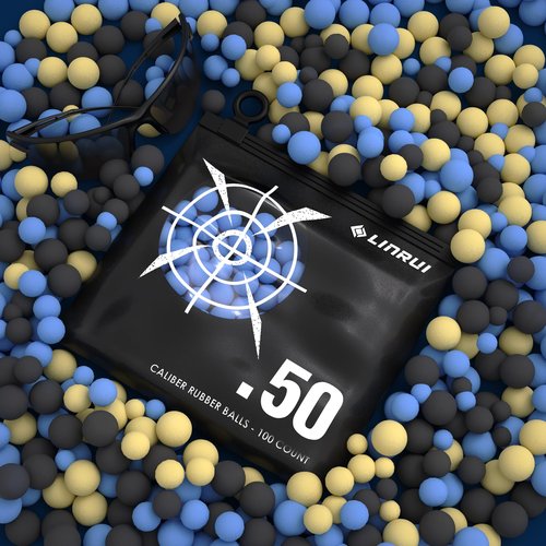LinRui 100ct .50 Cal Paintballs Reusable for Training, Non-Lethal 50 Cal Self Defense Rubber Balls Ammo, 50 Caliber Paintball Projectiles for T4ET TR50/HDR 50, with Goggle