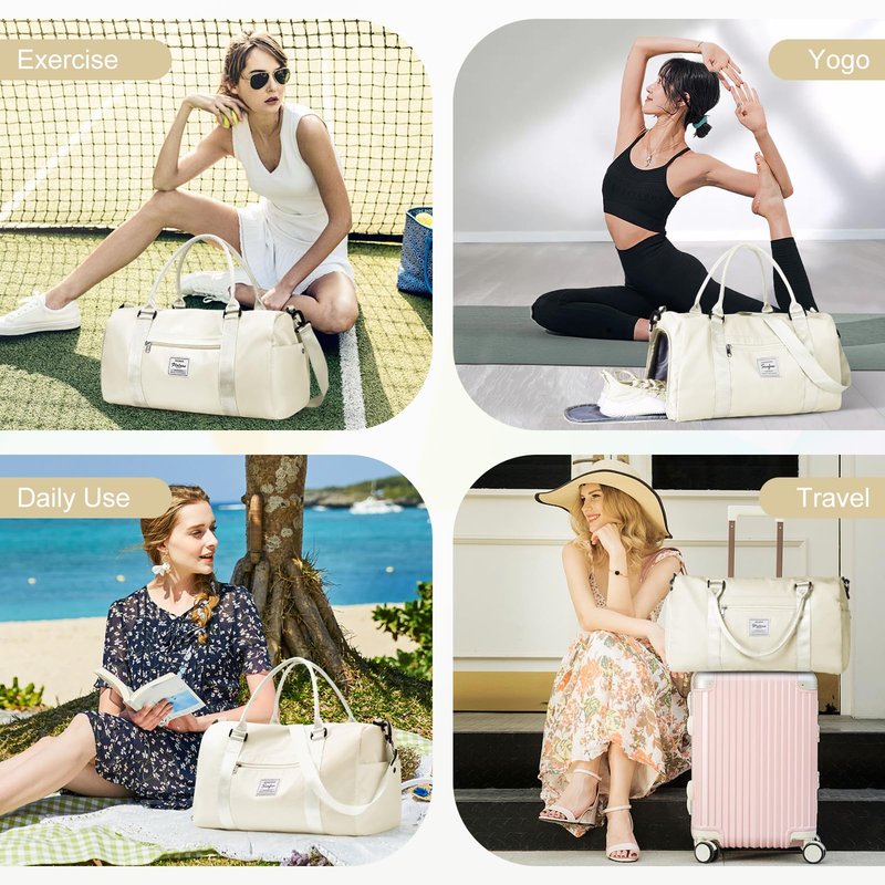 Gym Bag for Women Men with Shoes Compartment and Wet Pocket,Sport Swimming Yoga Bag,Waterproof Travel Duffel Bag Small Carry on Bag Overnight Weekender Bags Personal Item Bag for Airlines Cream White