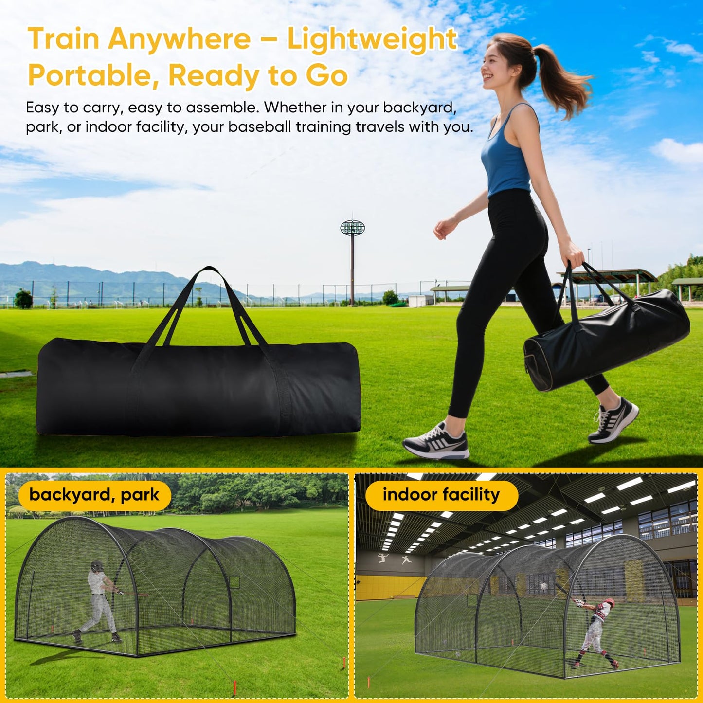 22FT Portable Baseball & Softball Batting Cage for Backyard – Enclosed Batting Net with Pitching Machine Hole, Sturdy Frame & Carry Bag, Ideal for Home Hitting & Pitching Practice, 22 x 12 x 8 ft