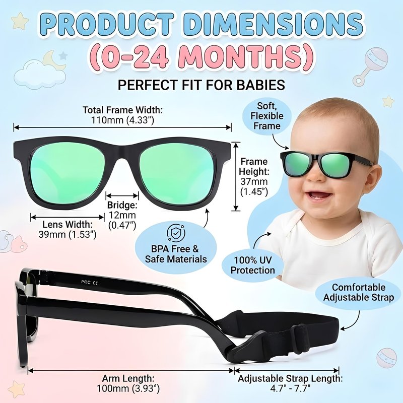GLARDEFE Polarized Baby Sunglasses with Strap - Unbreakable Infant Sunglasses for Newborn Toddler Boys Girls Age 0-12 Months(Black/Green Mirror + Black/Grey + Black/Blue Mirror)