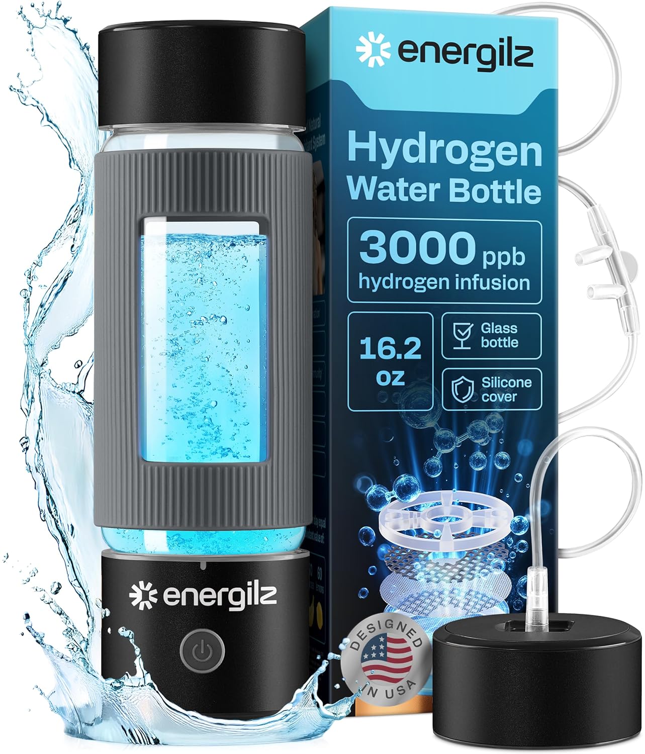 Hydrogen Water Bottle | Large 16.2 oz (480 ml) Hydrogen Water Bottle Generator 3000ppb | Hydrogenator Machine | SPE/PEM Hydrogenated Ionizer Generator (Steel w/Black)