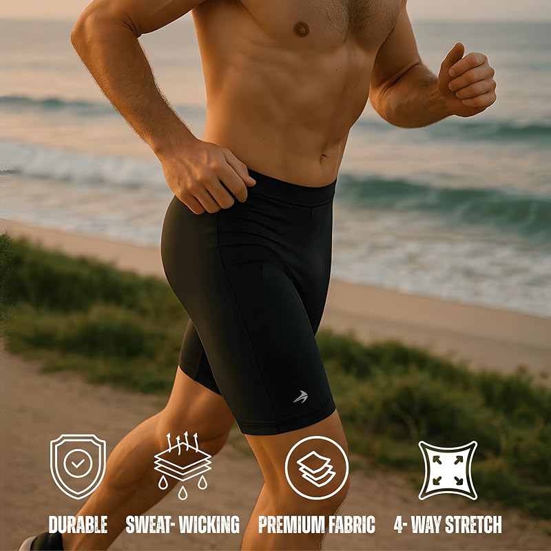 Men's Compression Shorts 9" 4-Way Stretch Baselayer - Black, No Pockets, 9" Inseam