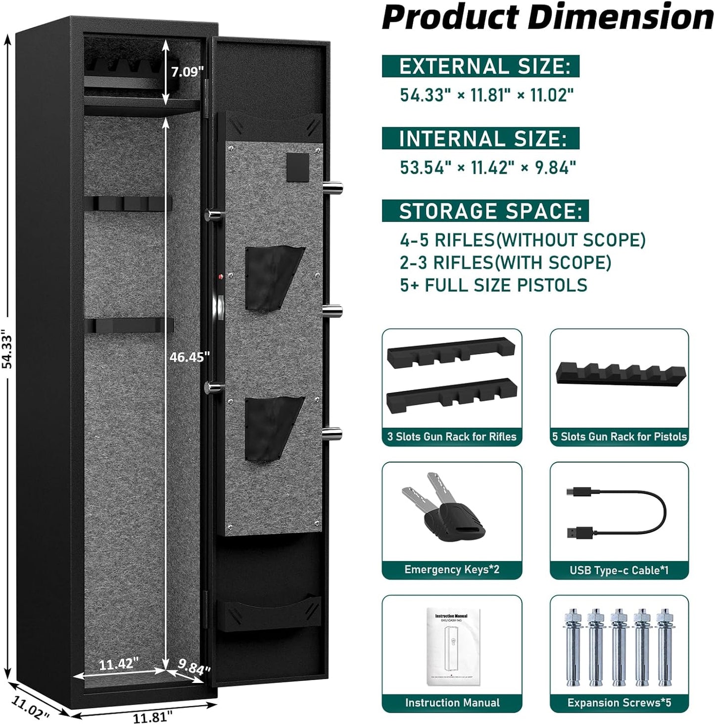Kavey 5-8 Gun Safe, Long Gun Safe for Home Rifle and Pistols with Backlit Keypad, Quick Access Gun Cabinet with LED Light and Removable Shelf
