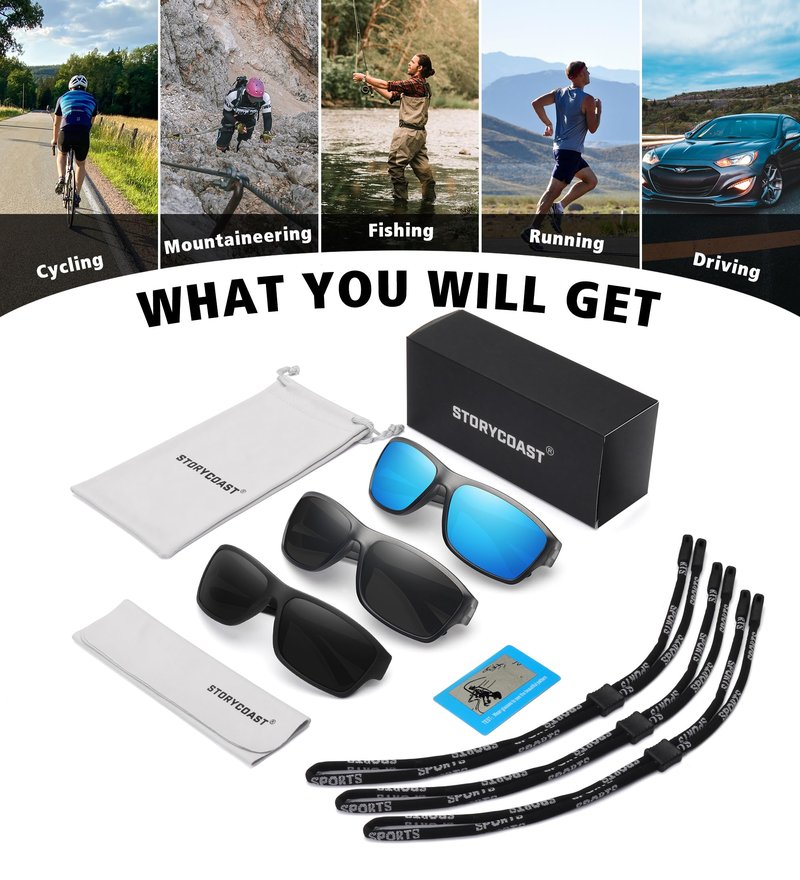 STORYCOAST Polarized Sports Sunglasses for Men Women Unbreakable Frame Cycling Fishing Driving 3Pack Black+Clear Gray Frame/Gray+Clear Gray Frame/Blue