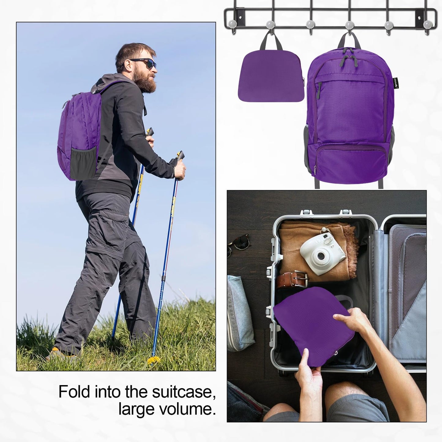 HOLYLUCK 20L Lightweight Packable Hiking Daypack Foldable Backpack for Men Women Small Travel Outdoor Foldable Shoulder Bag-purple