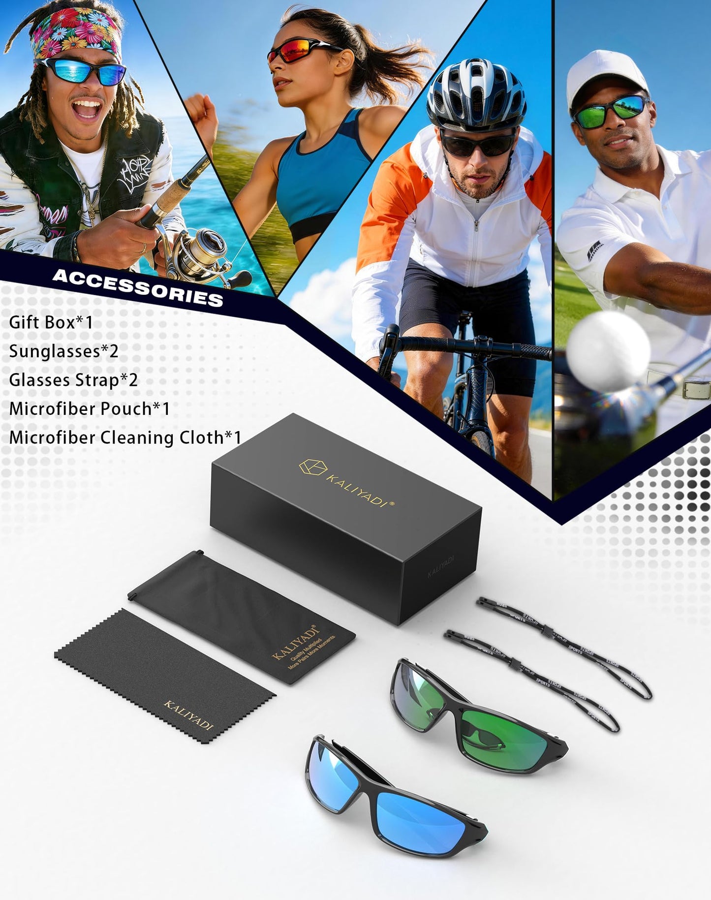 KALIYADI Sports Polarized Sunglasses Men UV400 Protection for Fishing Driving Cycling, Black/Blue/Yellow, 3 Pack