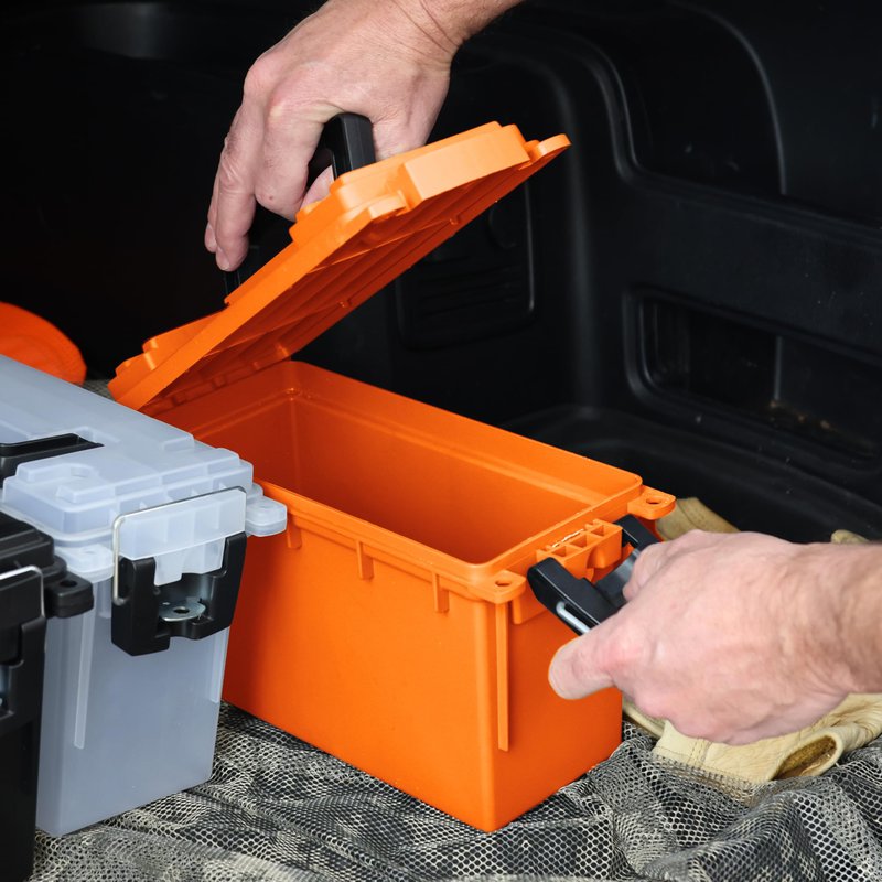 Sheffield 12630 Ammo Storage Box, Stackable .30 Cal Field Boxes, Water and Dust Resistant, Lockable Storage Box with Handle, Secures Hunting Gear, Supplies, and Bullets, Made in USA, Orange, 1-Pack