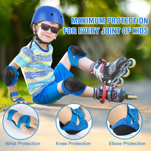6PCS Kids Protective Gear Set, Knee Pads for Kids 3-10 Years Old, Toddler Elbow Pads, Wrist Guards, Skating Cycling Bike Rollerblading Scooter, Upgraded & Durable Material, Boys, Girls,Youth, Blue