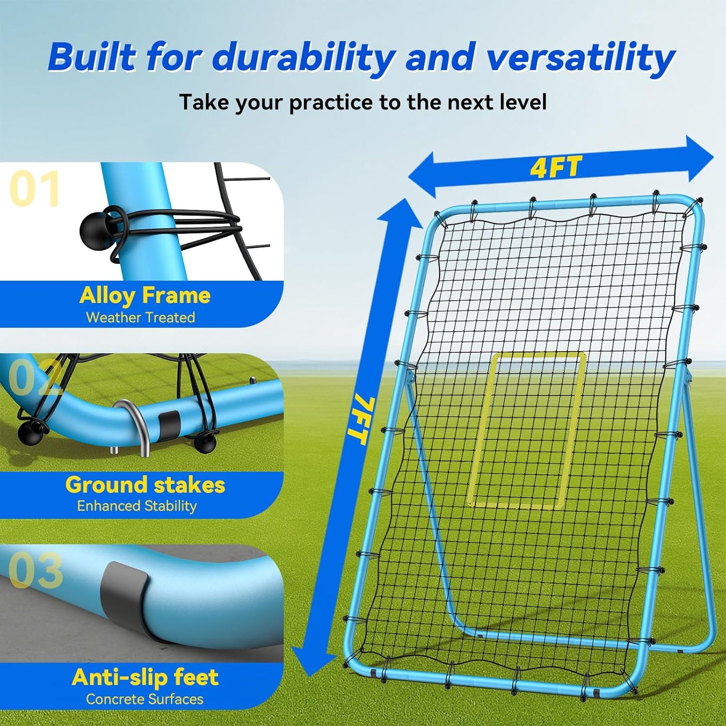 2-in-1 Volleyball Rebounder Net System, Adjustable from 7x4 ft to 4x4.75 ft, 5-Angle Bounce Back Net, Training Equipment for Volleying, Bumping, Spiking, Hockey, Soccer, Lacrosse, Softball Practice
