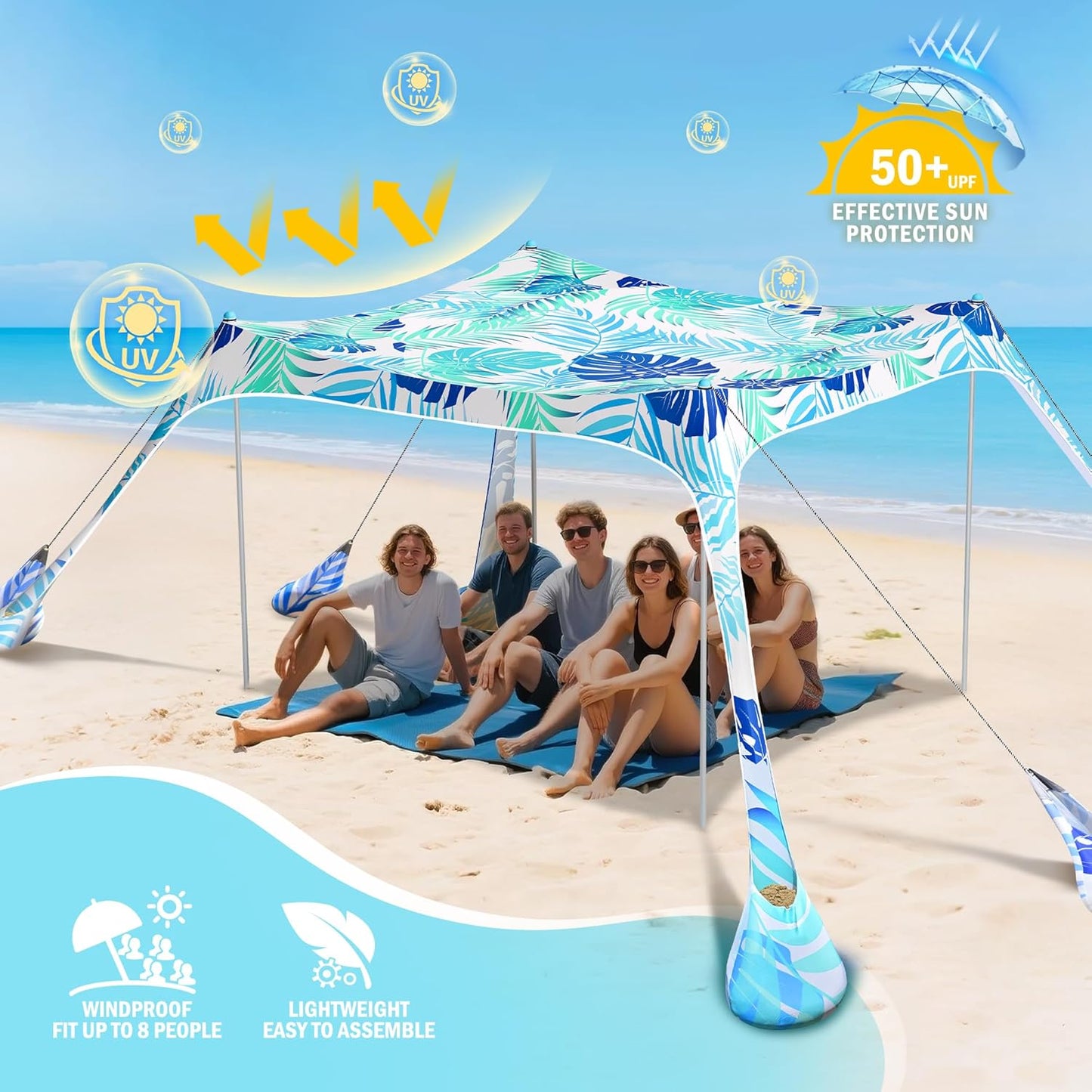2PM SPORTS Beach Tent Canopy with UPF50+ UV Protection, Outdoor Large Beach Sun Shade Shelter for Family Picnic Camping Travel Shore Fishing, 8 Sandbags, Sand Shovel (Navy Blue, 10x10 FT)