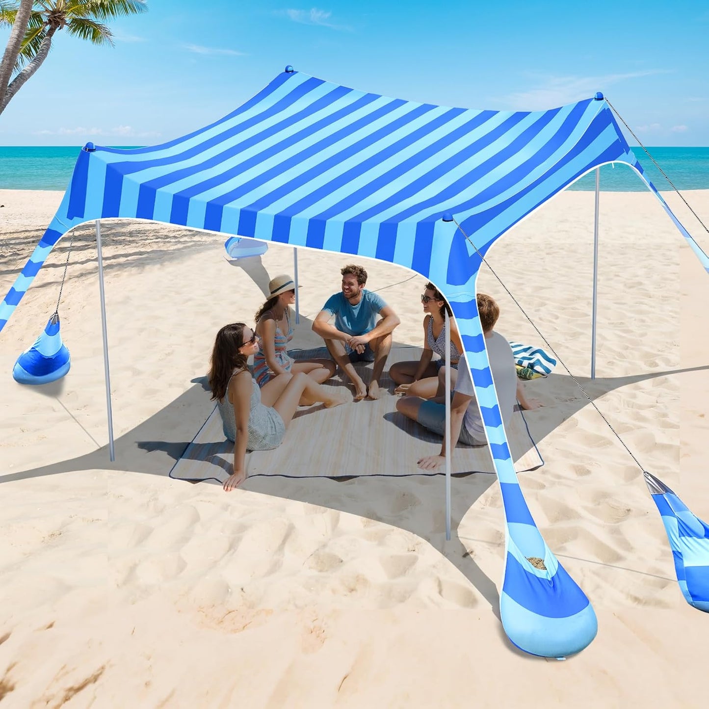 2PM SPORTS Beach Tent Canopy with UPF50+ UV Protection, Outdoor Large Beach Sun Shade Shelter for Family Picnic Camping Travel Shore Fishing, 8 Sandbags, Sand Shovel (Navy Blue, 10x10 FT)