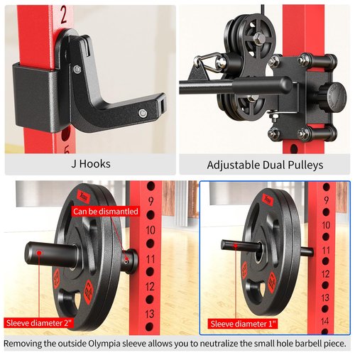 XGSW XINGESIWR Power Cages Multi-Purpose Squat Rack with Cable Crossover System, Matching Weight Bench, Olympic Barbell Weight Set for Garage and Home Gyms (Red, L02-Power Cage Only)