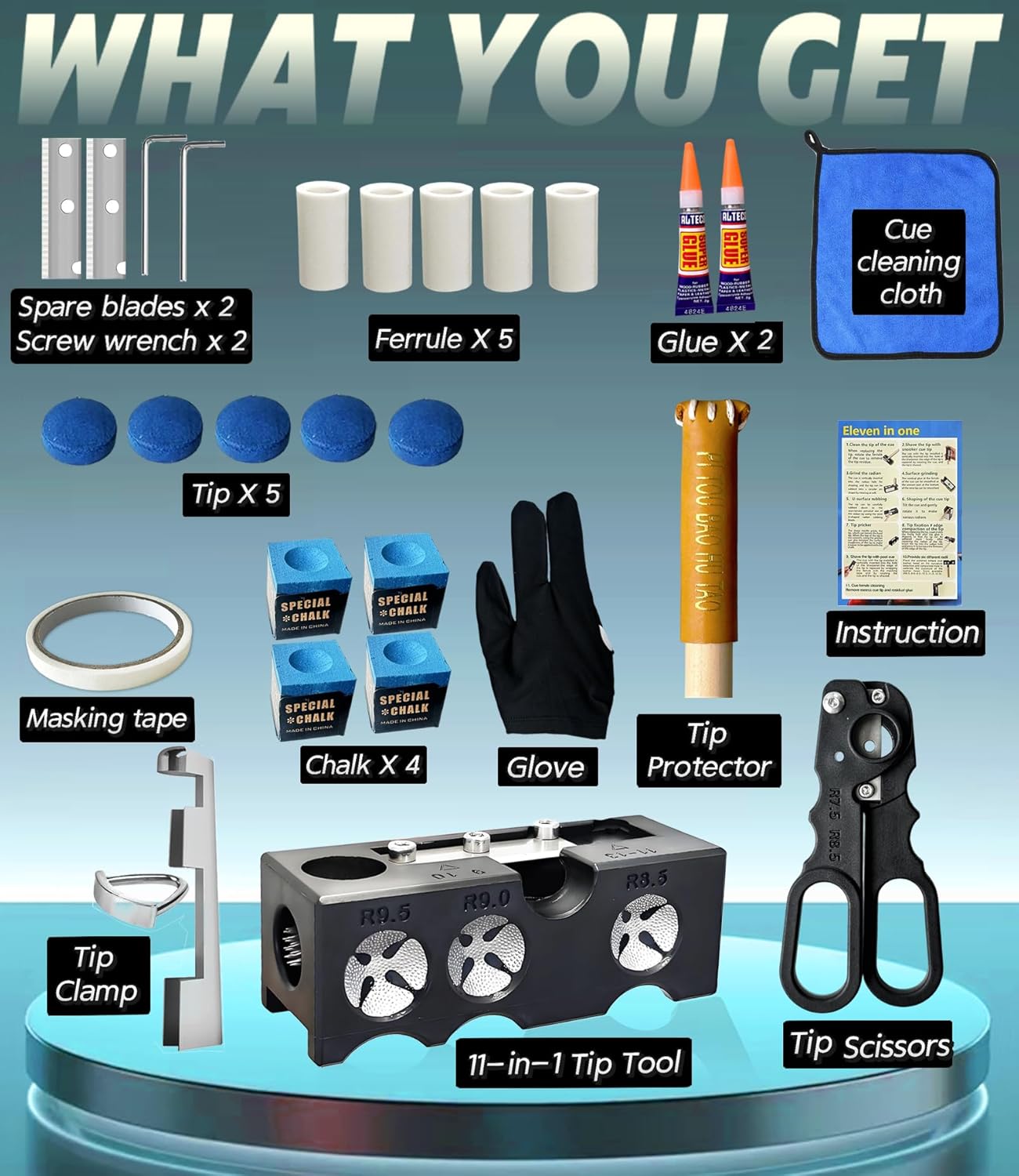 11-in-1 Pool Cue Tip Repair kit, Professional All-in-One pool stick Tip Tool for Shaping, Replacement, Maintenance. Tips Shaper & Scuffer kit, Pool Cue trimmer - For Billiards Enthusiasts & Pros