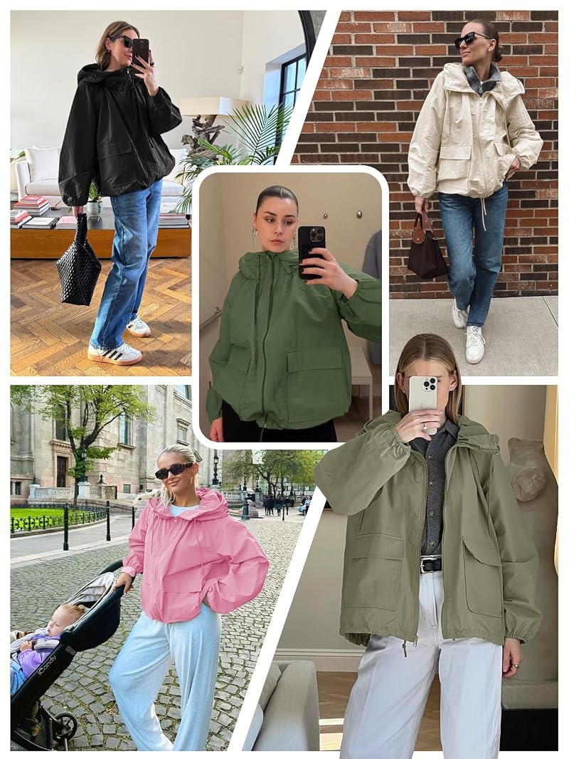 Womens Waterproof Hooded Trench Rain Jacket - Lightweight Windbreaker with Pockets (Black, Medium)