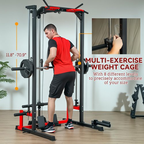 Soozier Power Cage Smith Machine, Multi-Function Power Rack with Pull Up Bar, LAT Pull Down System, Squat Rack, Barbell Bar, Landmine, Plate Storage Posts, for Home Gym