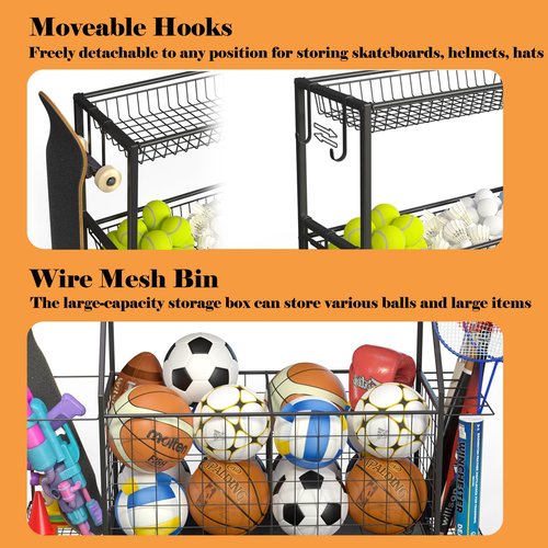 Sports Equipment Organizer, Garage Ball Storage Racks - Outdoor Toy Storage with 2 Side Racks & Removable Baskets, Heavy-Duty Garage Rolling Ball Cart with Wheels, Hooks for Sports Gear, Toys