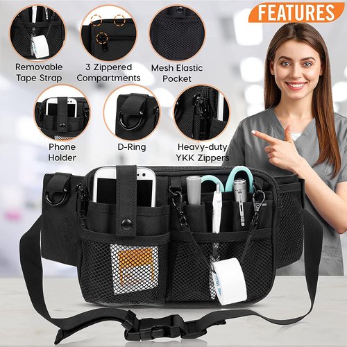 Nurse Fanny Pack with Medical Supply Pockets, Adjustable Strap Extends from 25" to 47",Utility Storage, Nurse Essentials for Work,Nurse Gifts;Black