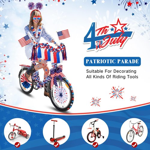 Simgoing 33 Pcs 4th of July Parade Bike Decoration Kit Patriotic Tinsel Garland Streamer Red White Blue Headband Necklace Bracelet American Flag Bow for Memorial Independence Day Bike Party Favors