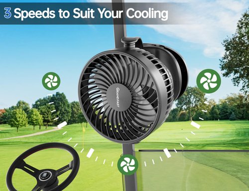 Golf Cart Rechargeable Fan Compatible with EZGO Club Car Yamaha, Golf Palyer Summer Essential 4 Powerful Speeds Clip on Fan with 360° Pivot, 13 Hrs Run Cordless Fan, Battery Operated Fan for Golf Cart