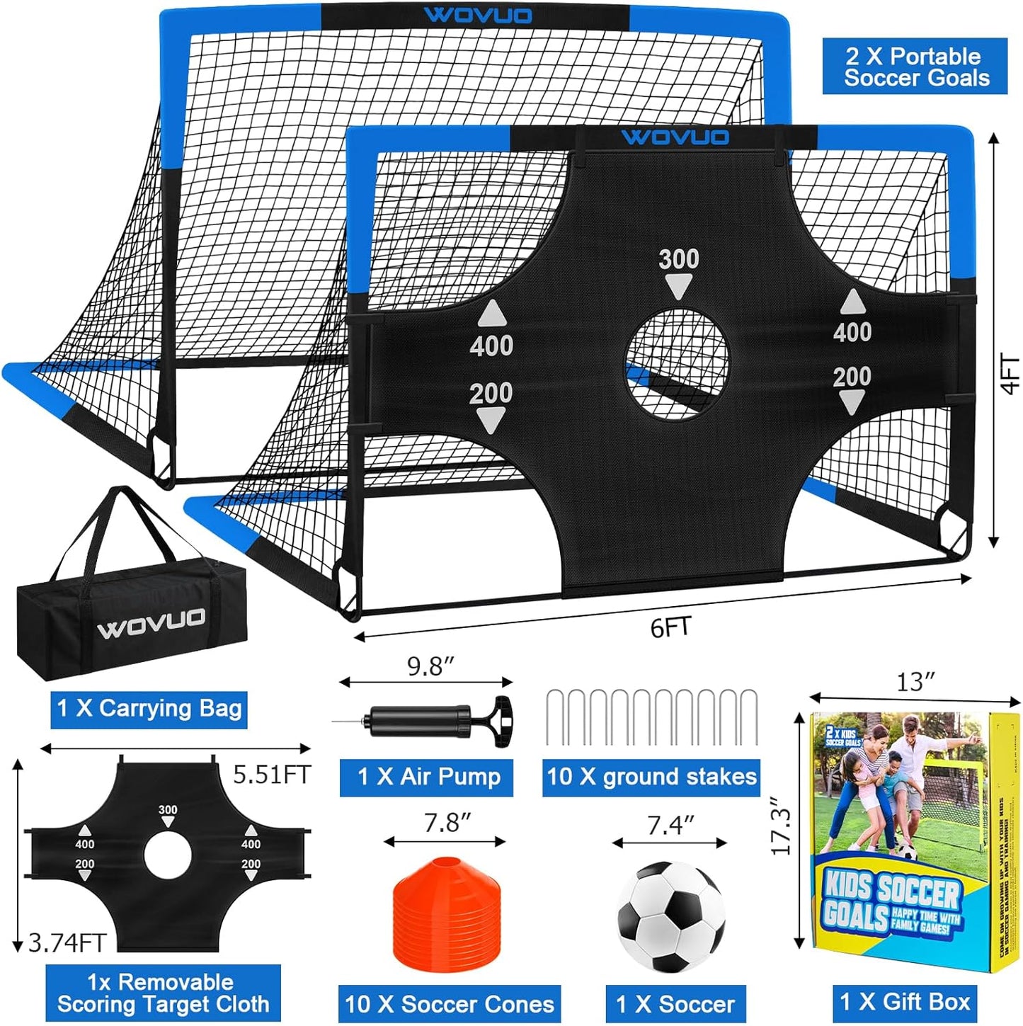 Kids Soccer Goals for Backyard Set of 2, 6x4 ft Portable Toddler Soccer Goal Training Equipment with Soccer Target, Ball, Cones, Soccer Net for Kids Age 3-5 6-8 8-12 10-12-14 Outdoor Sports Games Gift