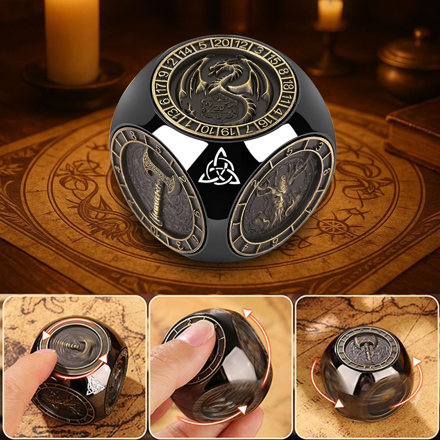 2025 New DND Spinner Dice for Dungeons and Dragons Gifts, 7-in-1 Metal Dice Set with 3D Relief, Polyhedral Roleplaying Game Dice, Fantasy D&D Tabletop RPG Accessories for DM & Player (Black-Gold)