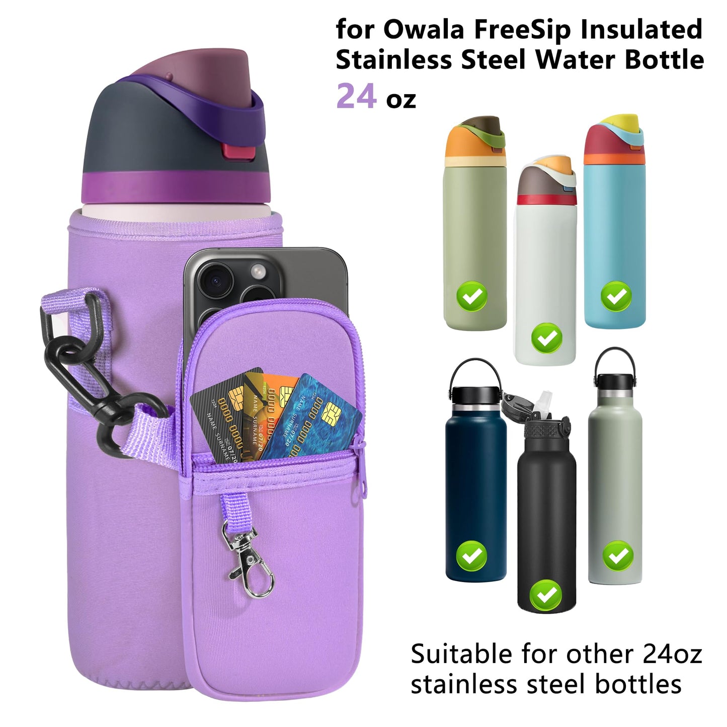 Icesip Purple Water Bottle Carrier Bag with Strap, Fits Owala FreeSip 32 oz