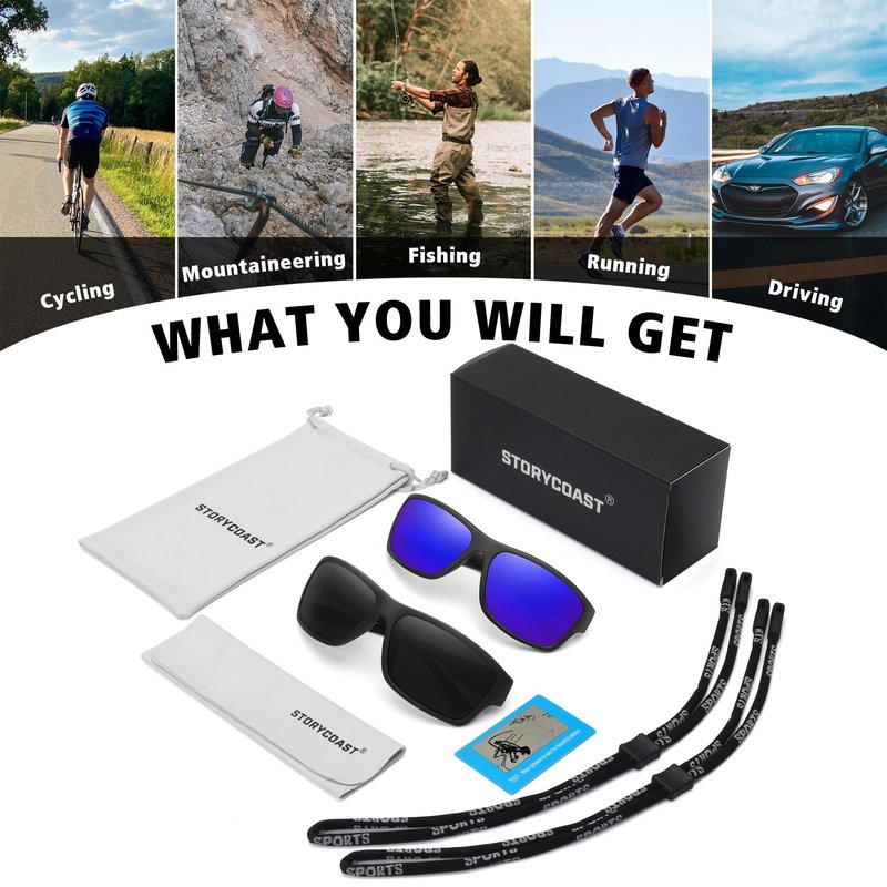 STORYCOAST Polarized Sports Sunglasses for Men Women Unbreakable Frame Cycling Fishing Driving 2Pack Black+Drak Blue