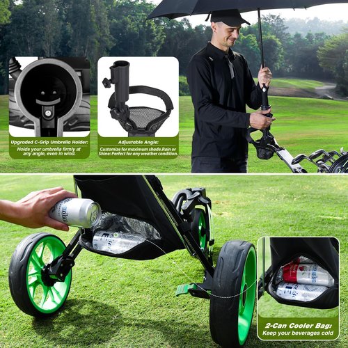 Tedycatt Swivel 3 Wheel Golf Trolley: Quick Fold 360 Push Golf Cart with Cooler Bag, Foot Brake, Drink& Umbrella Holder,Green