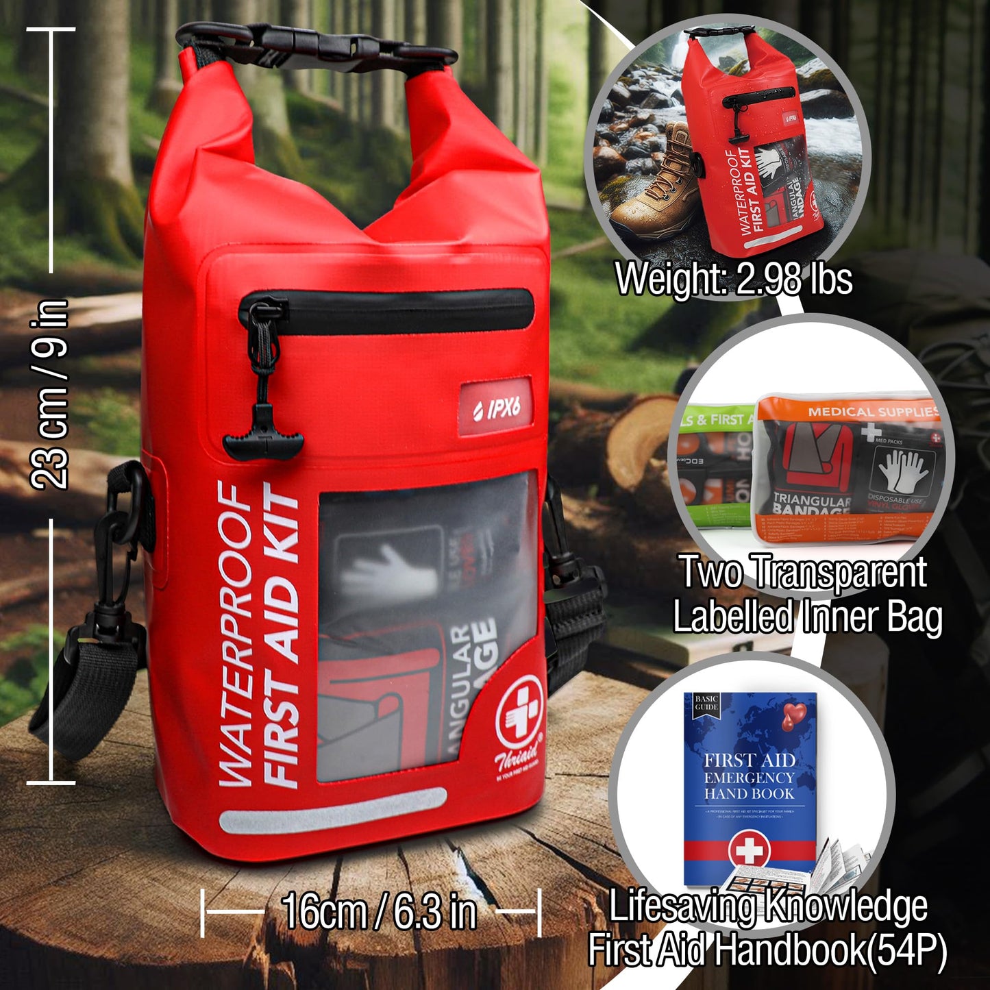 250 PCS Waterproof First Aid Kit, Roll Top Reflective Boat Dry Bag Bug Out Bag, Emergency Medical Kit Ideal for Boating, Camping, Fishing, Kayaking, Floating, Red