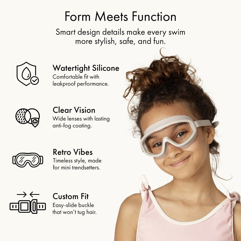 Petites Pommes Goggles Kids Ages 3-8 - Lightweight Silicone, Anti-Fog Wide Lens, Retro Design Swimming Goggles for Kids, Adjustable Straps, Hair-Safe Buckle, Cotton Pouch Included, Emma