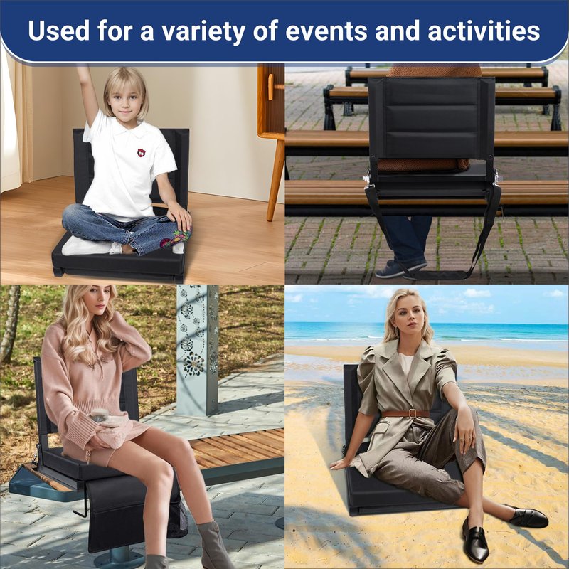 Maeytau Stadium Seats for Bleachers with Back Support, Portable Bleacher Seats with Thick Padded Cushion and Shoulder Strap, Wide Stadium Seat Chair Includes Hooks, Cup Holder and Side Pocket, 2-P