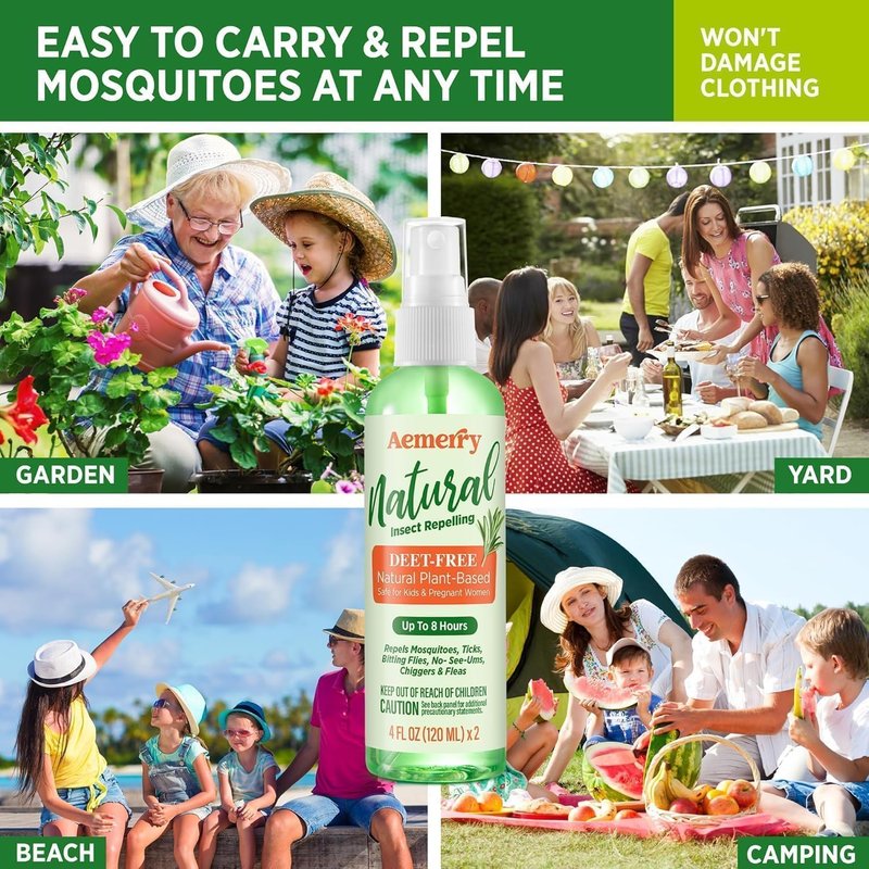 Natural Mosquito & Bug Repellent Spray: DEET-Free, Plant-Based Formula with Organic Essential Oils, Family-Friendly, Gentle on Skin, Outdoor Gear, Travel Size 4 oz (2-Pack)