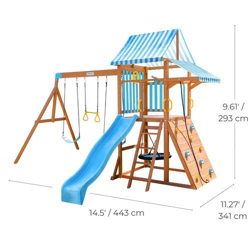 Teamson Kids Wooden Swing Sets for Backyard Outdoor Playset with Slide Rock Wall Trapeze Bar Fireman Pole Pirate Wheel Kids Playground with Swingset Holds 9 Children Ages 3 to 10