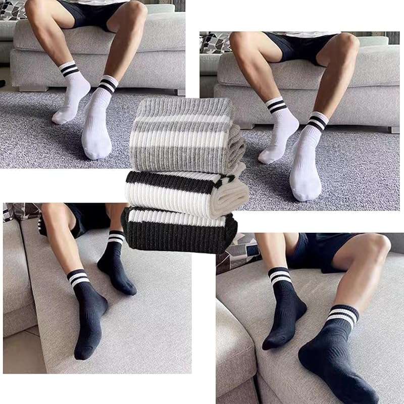 Unisex Striped Crew Socks 12 Pairs - Cotton Mid Crew, Size 5-9