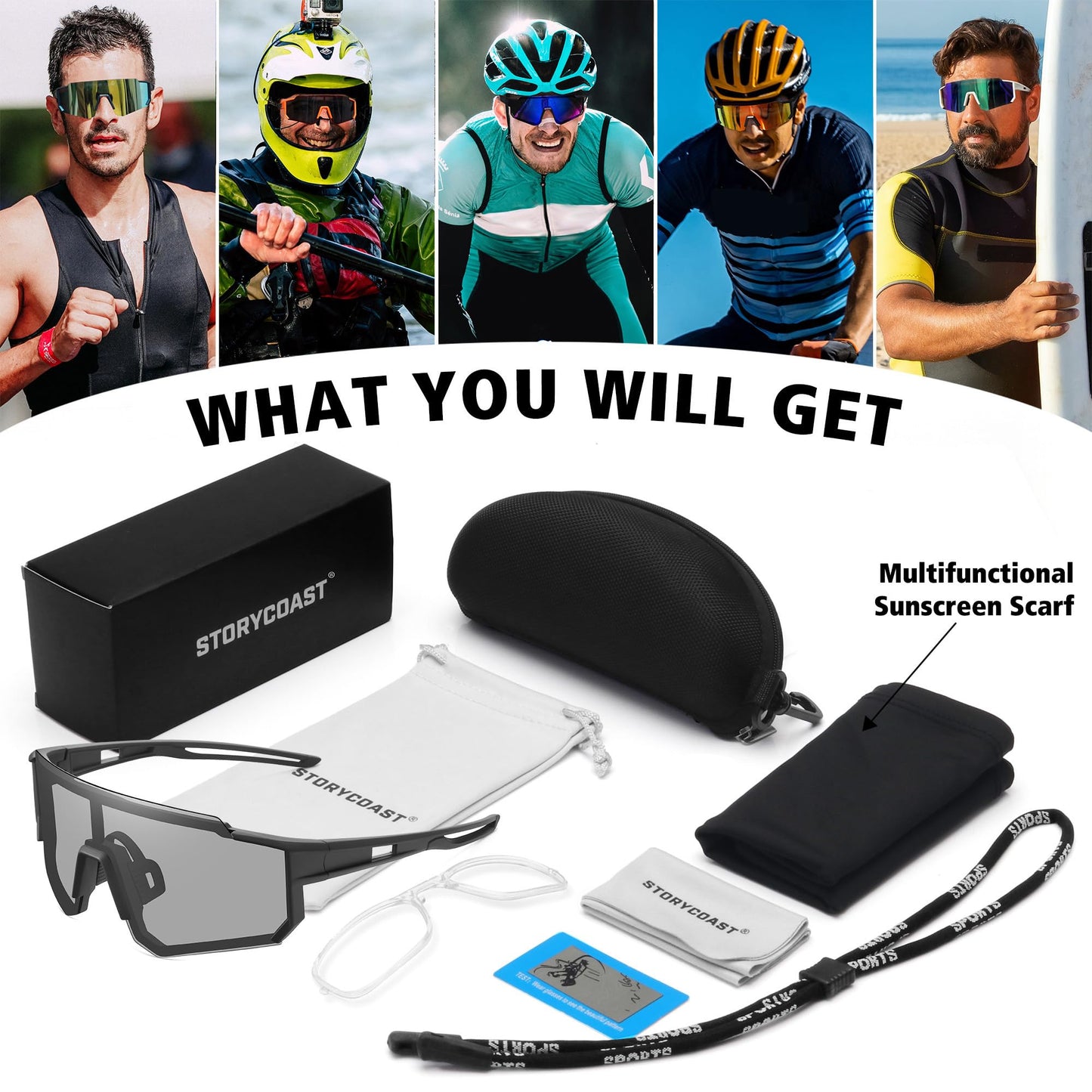 STORYCOAST Polarized Sports Sunglasses for Men Women,Bike Glasses Driving Fishing Cycling Mountain Bike Sunglasses UV400 Protection Black Frame-Photochromic Lens
