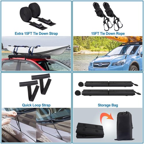 ChimimeDecor Universal Soft Roof Rack Pads Luggage Carrier System for Kayak,Surfboard, SUP, Canoe, Snowboard with 2 Tie Down Straps, 2 Tie Down Ropes, 2 Hood Loops and Storage Bag(Black)