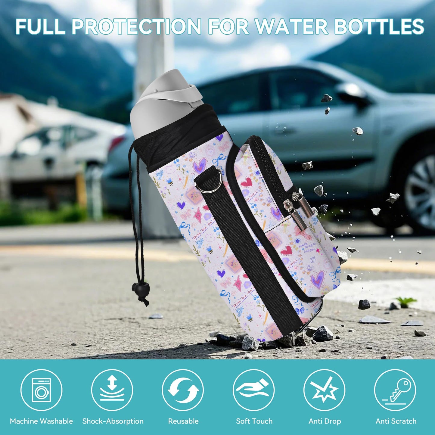 AUPET Water Bottle Sling Bag Sleeve Holder Carrier 25/32/40/64 oz,Insulated Crossbody Water Bottle Case Cover with Strap and Pockets for Men/Women Walking Hiking (Sweet Dreamy, 25oz)