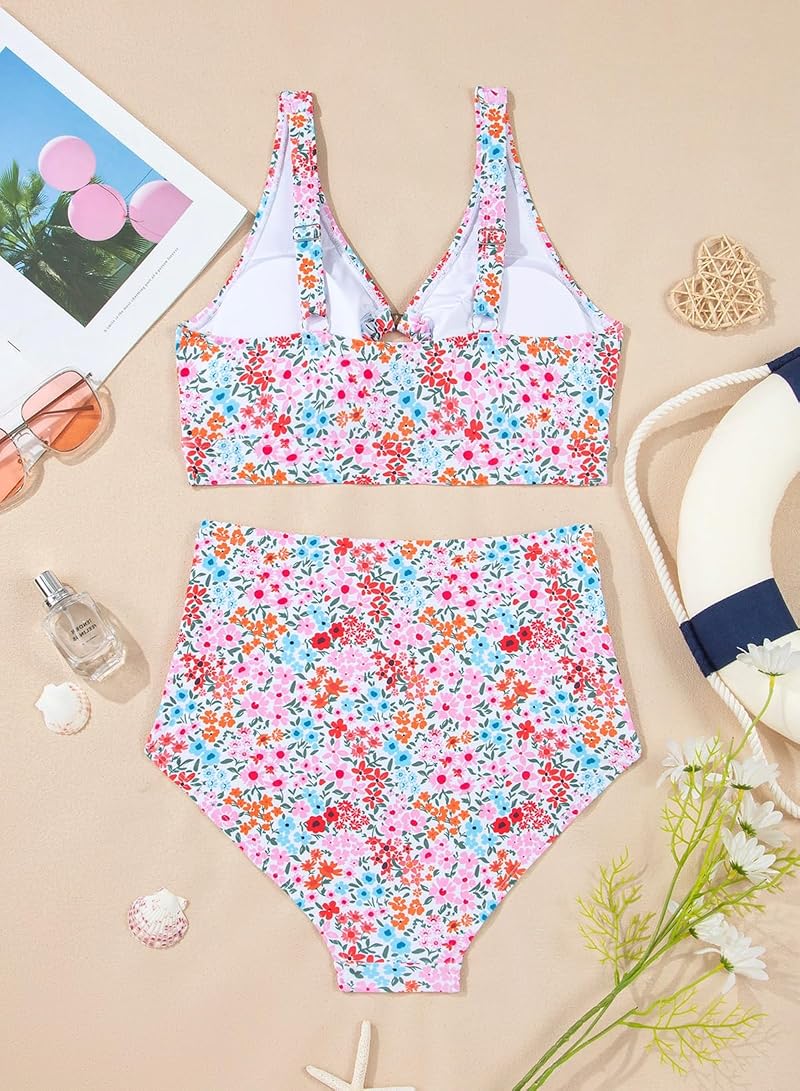 Herseas Pink Floral High Waisted Bikini Set - O Ring Front, Tummy Control