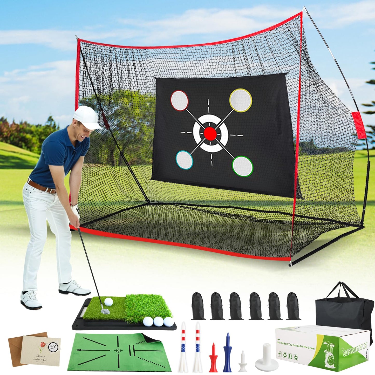 10x7 FT Golf Net with 2-in-1 Replaceable Non-Slip Golf Hitting Mat, Pro-Grade Chipping Golf Practice Net Kit, Net for Golf Driving Nets for Backyard, Indoor & Outdoor Use