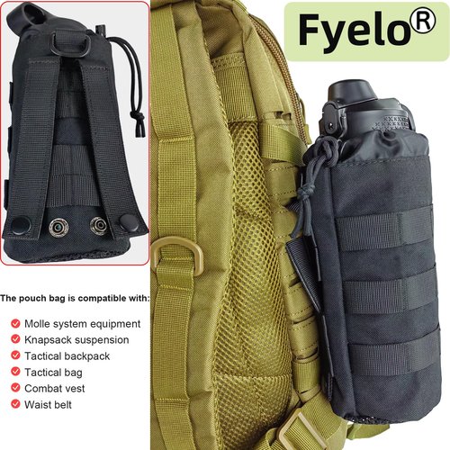 Fyelo Tactical MOLLE Bottle Pouch Bag, Travel/Sprots Molle Water Bottle Holder with Drawstring Open Top and Mesh Bottom - Black
