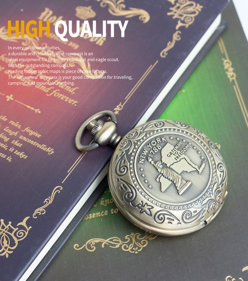 HKSWUTKW Zinc Alloy Waterproof Golden Keychain Compass - Vintage Antique Design for Kids, Boy Scouts & Hiking - Survival Orienteering & Navigation Gear