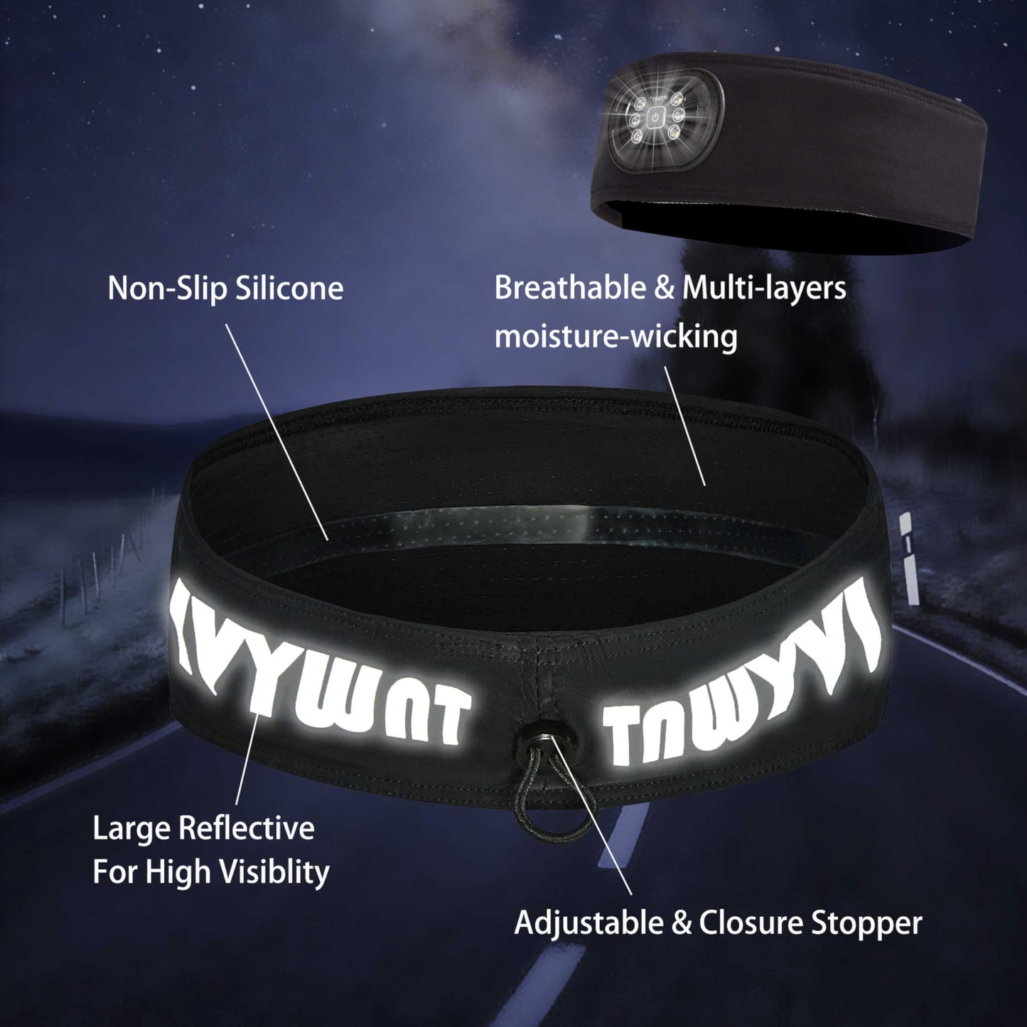 IVYWNT LED Sports Sweat Headband - Outdoor Headlamp Rechargeable with Reflective Visible for Men and Women, 3 Brightness Head Lights for Camping Running, Black