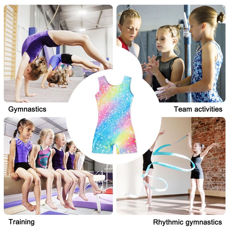 Funnycokid Gymnastics Leotards for Girls Dance Clothes Sparkly Outfits Unitard with Shorts, diamond 01, 7-8 Years