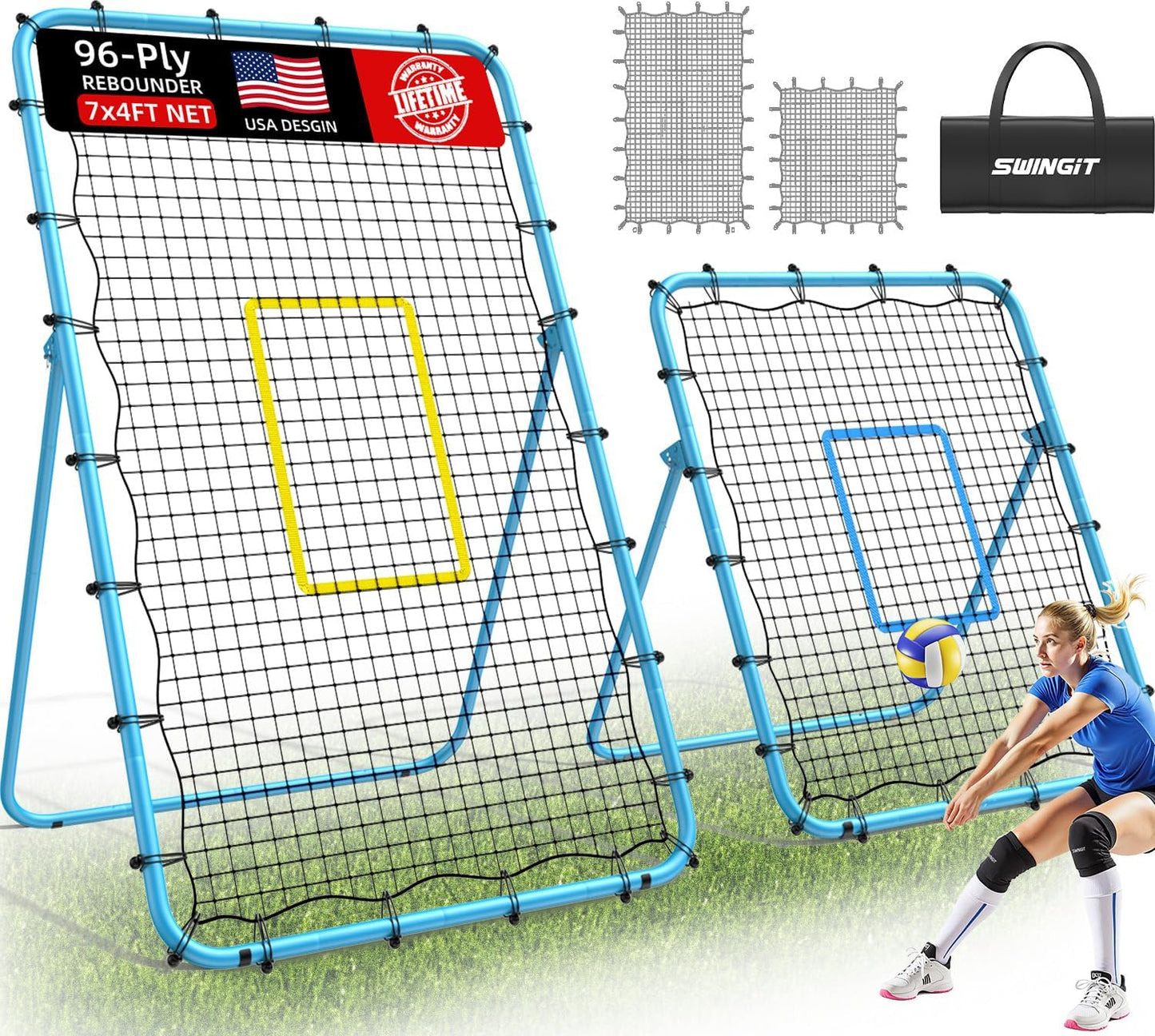 2-in-1 Volleyball Rebounder Net System, Adjustable from 7x4 ft to 4x4.75 ft, 5-Angle Bounce Back Net, Training Equipment for Volleying, Bumping, Spiking, Hockey, Soccer, Lacrosse, Softball Practice